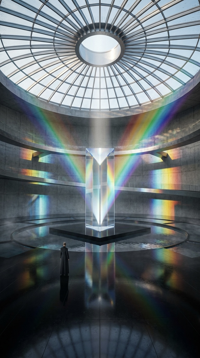 Monumental prism altar casting spectral daylight