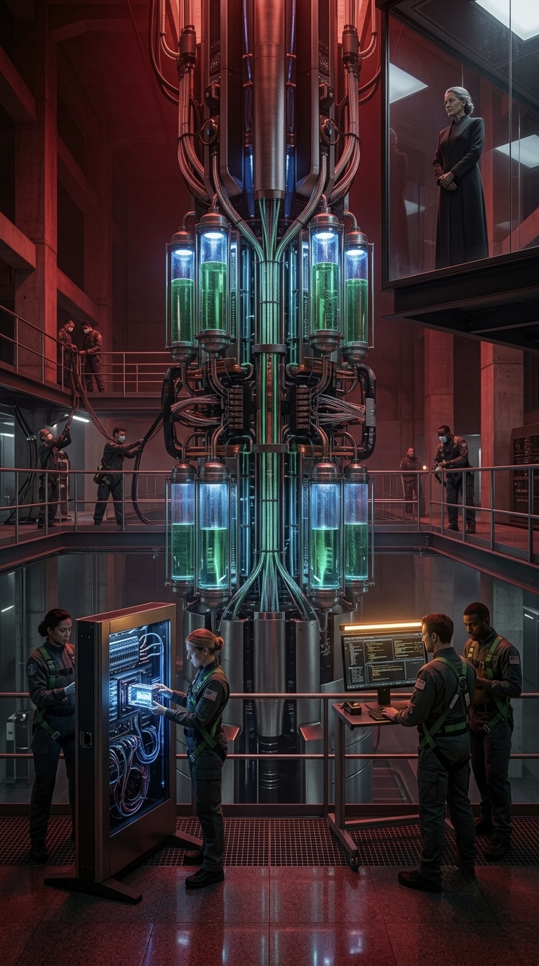 Figures observing a red industrial laboratory chamber